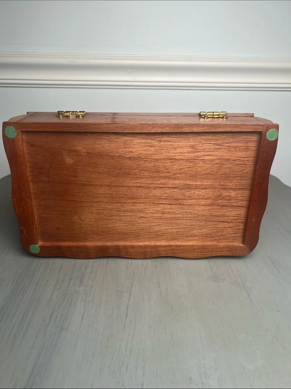 Vintage walnut etched glass jewelry/watch/treasure box. Beautiful curved lines.